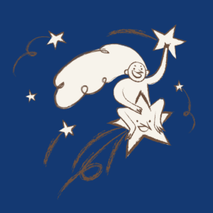 A playful cartoon figure riding a smiling star through the night sky, symbolizing a brand rising above competitors.