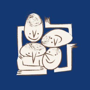 A minimalist abstract illustration of four stylized figures grouped together in a square frame, symbolizing collaboration and shared focus.