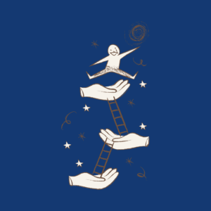 A whimsical illustration of a person reaching upward while standing on large supportive hands connected by ladders, surrounded by stars on a dark blue background.