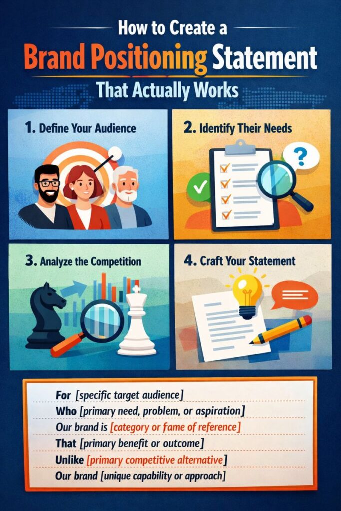 Infographic showing a brand positioning statement framework with four steps: define target audience, identify customer needs, analyze competition, and craft your statement. Includes a template for creating a positioning statement