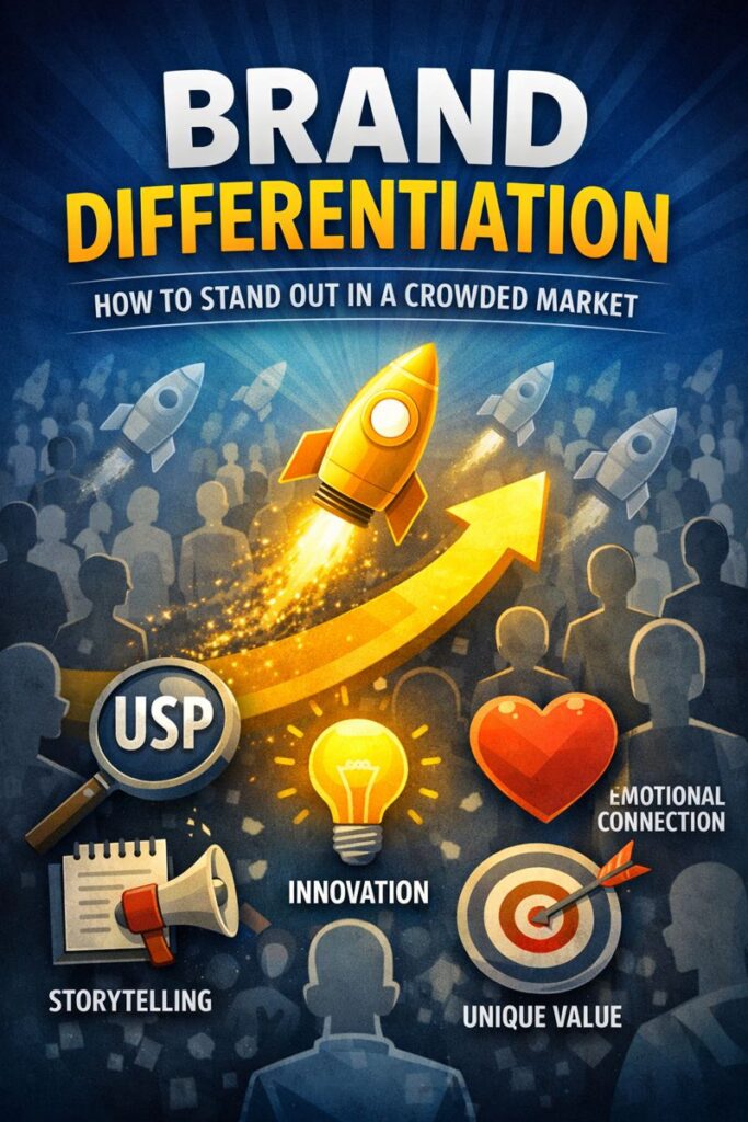 Brand Differentiation concept showing a standout rocket among many similar rockets, with icons for USP, innovation, storytelling, emotional connection, and unique value, illustrating how to stand out in a crowded market.