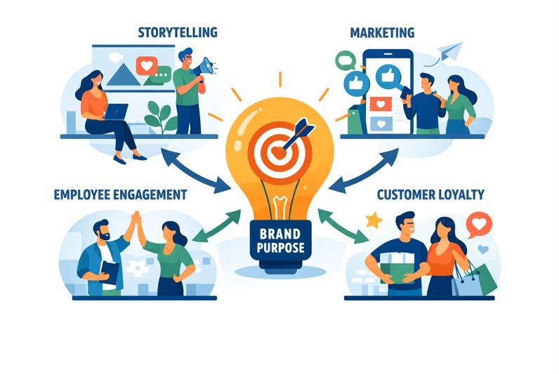 Illustration showing brand purpose guiding strategy, storytelling, marketing channels, and employee engagement to build customer loyalty