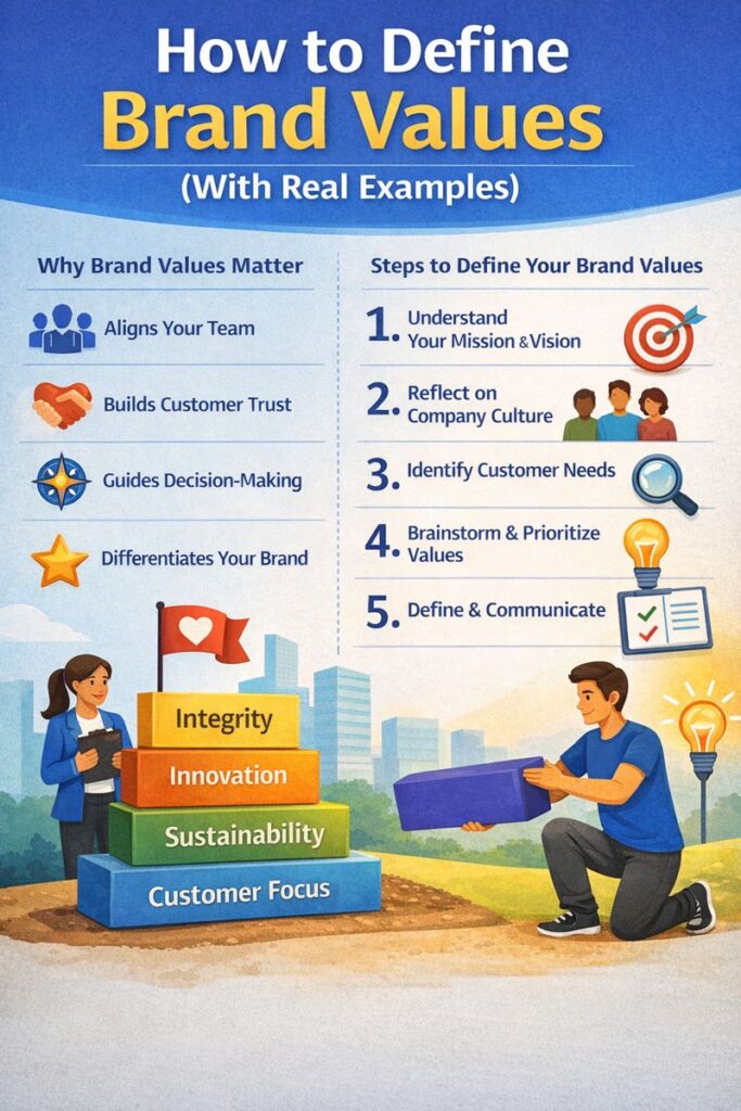 Illustration showing how to define brand values, with a step-by-step list of actions and people stacking blocks labeled integrity, innovation, sustainability, and customer focus to represent building a strong brand foundation.