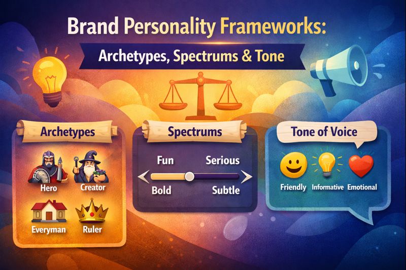 Infographic showing brand personality frameworks including archetypes, personality spectrums, and tone of voice with visual examples.