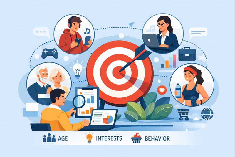 Illustration of a marketer analyzing target audience data with diverse customer personas, showing age, interests, and behavior, surrounded by charts and graphs