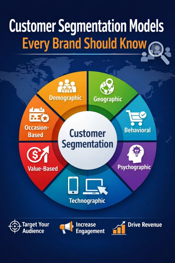 Infographic showing seven customer segmentation models: Demographic, Geographic, Behavioral, Psychographic, Technographic, Value-Based, and Occasion-Based, with icons and a circular diagram illustrating strategies to target audiences, increase engagement, and drive revenue.