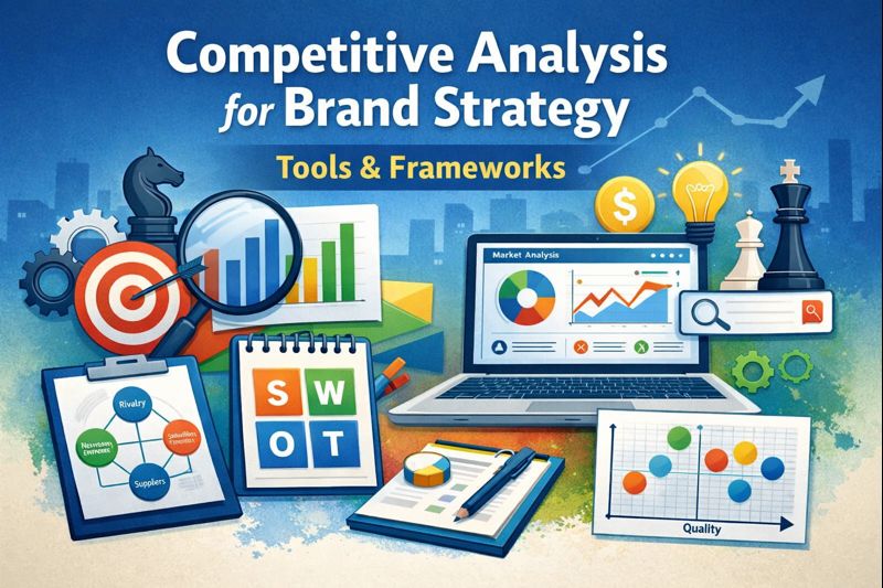 Infographic showing competitive analysis for brand strategy, featuring SWOT analysis, Porter’s Five Forces, market charts, digital tools, and visual icons for planning and strategy