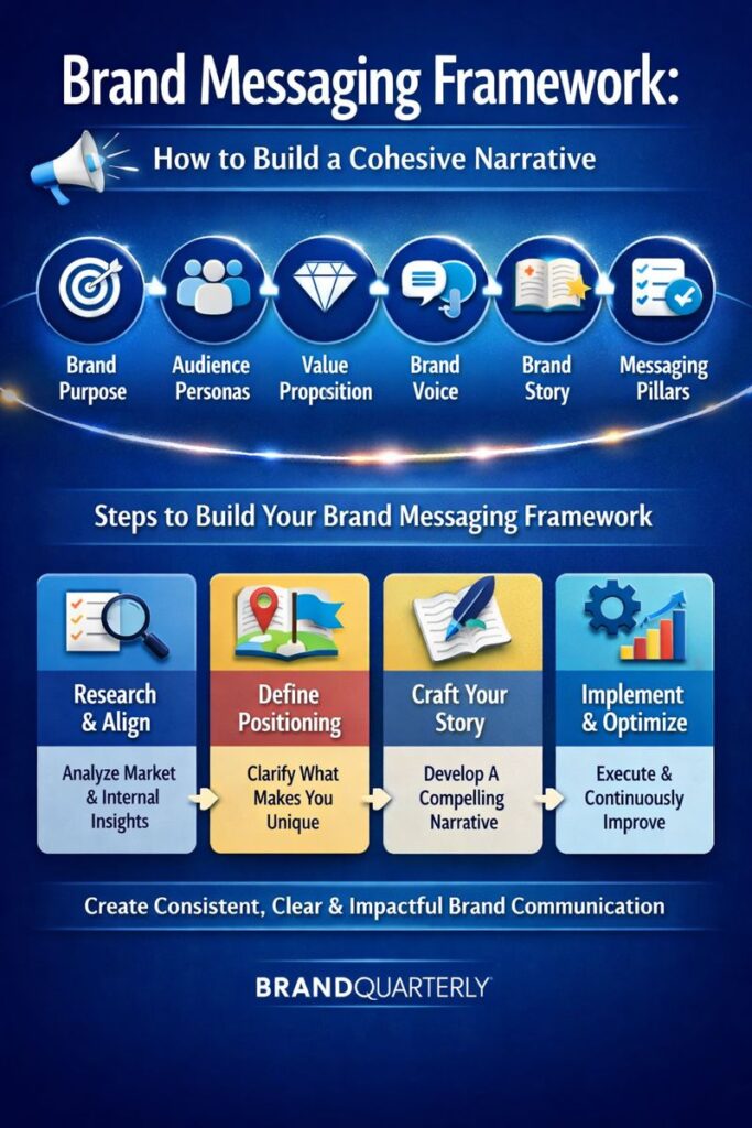 Brand messaging framework infographic showing steps to build a cohesive brand narrative, including brand purpose, audience personas, value proposition, brand voice, brand story, and messaging pillars, with a step-by-step process for research, positioning, storytelling, and optimization.