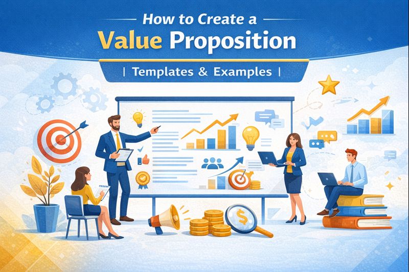 Infographic showing how to create a value proposition with five steps: identify target audience, define their problem, highlight benefits, show differentiation, and add proof. Includes quick templates and examples like 'Magic Statement' and 'Before → After → Bridge' for practical guidance.