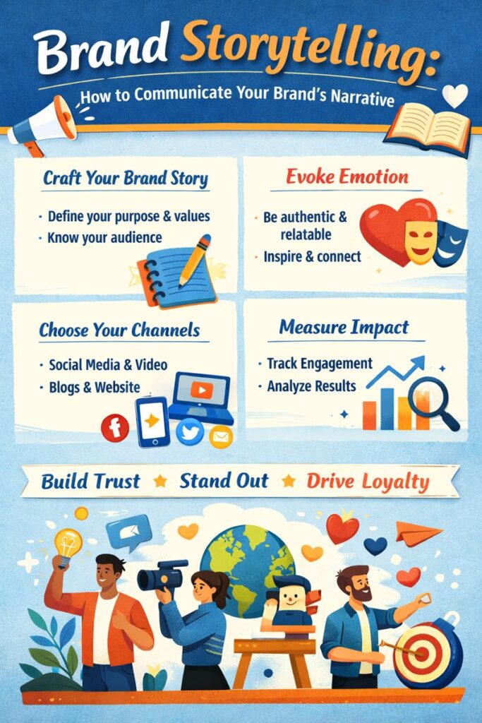 Infographic showing how brand storytelling helps businesses build trust, connect emotionally with audiences, and drive customer loyalty through clear messaging and engagement strategies.