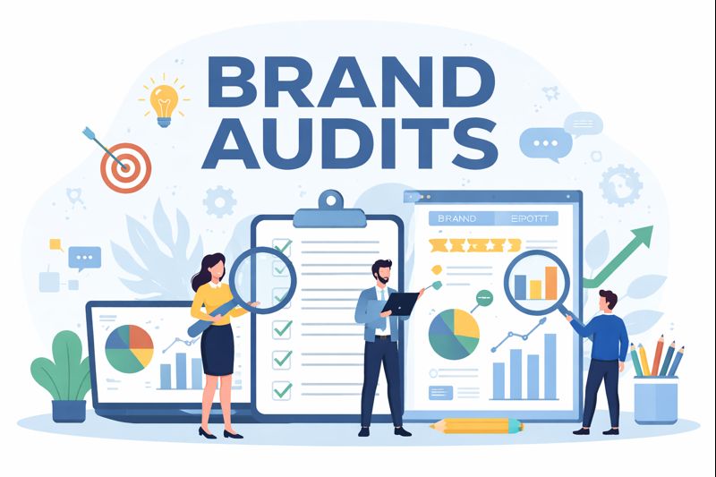 Illustration of professionals conducting a brand audit with charts, graphs, checklists, and analytics icons representing brand evaluation and consistency.