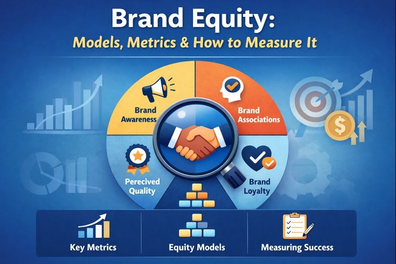 An infographic illustrating brand equity with four components: Brand Awareness, Brand Associations, Perceived Quality, and Brand Loyalty. Includes key metrics, equity models, and measuring success in a modern business context.