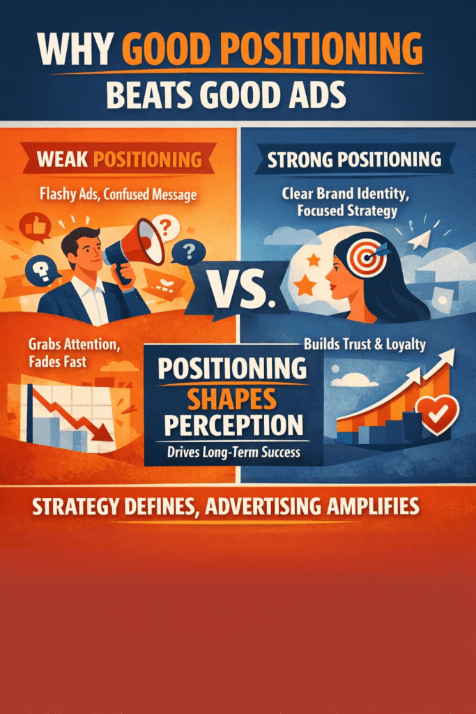 Infographic comparing weak positioning and strong positioning, showing flashy ads fading quickly versus clear strategy building long-term brand trust and growth.