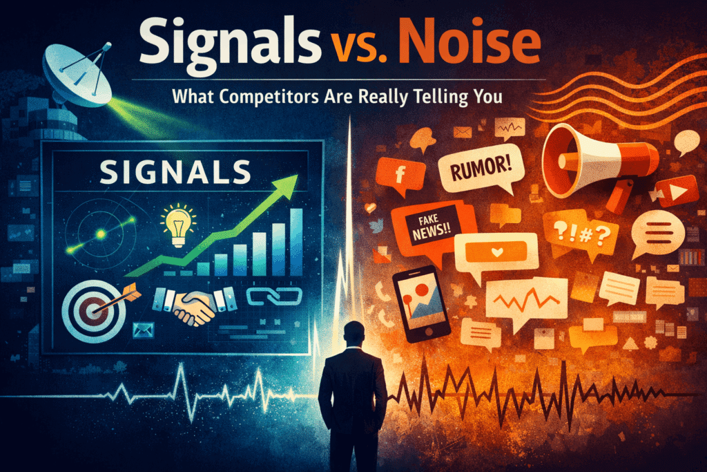 Illustration showing 'Signals vs. Noise' in competitor analysis. On the left, clear signals are depicted with graphs, rising arrows, lightbulbs, and handshake icons representing actionable insights. On the right, chaotic noise is shown with social media icons, megaphones, fake news labels, and scattered notifications. A businessperson stands in the center, symbolizing decision-making between clarity and distraction