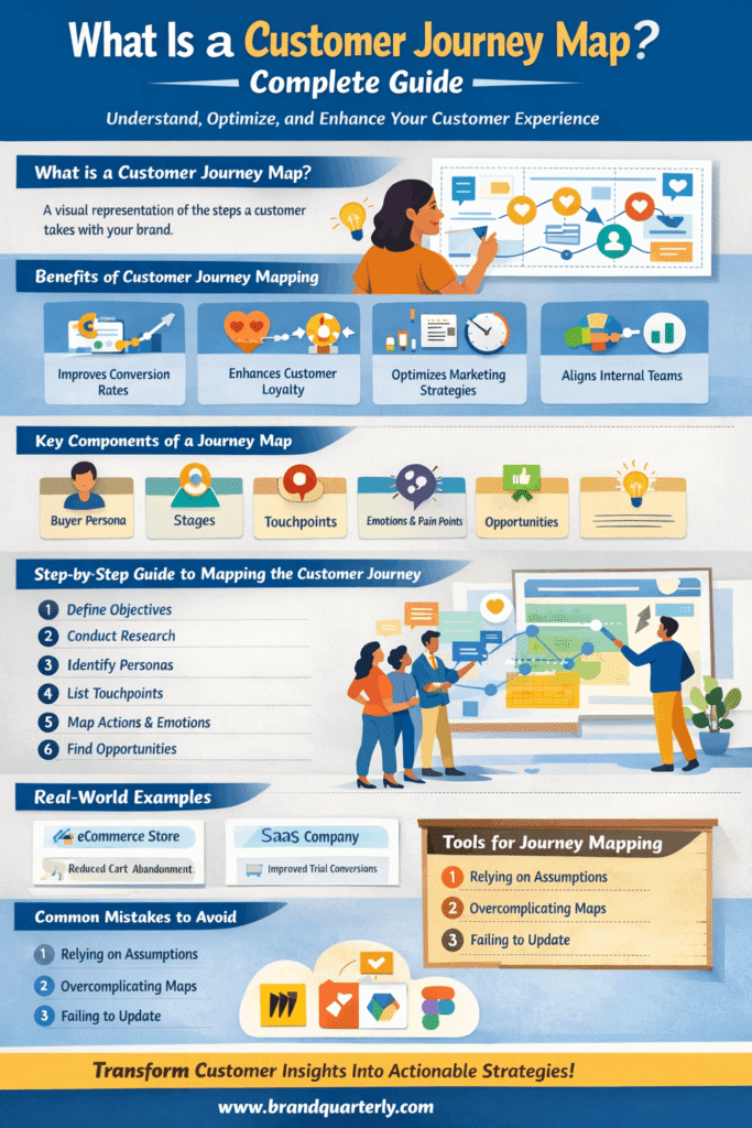 Infographic titled 'What Is a Customer Journey Map? Complete Guide' showing an overview of customer journey mapping. Includes sections on the definition, benefits (improved conversion rates, customer loyalty, marketing optimization, internal alignment), key components (buyer persona, stages, touchpoints, emotions & pain points, opportunities), step-by-step guide to mapping the customer journey, real-world examples for eCommerce and SaaS companies, common mistakes to avoid, and popular tools for journey mapping. Designed with icons, flowcharts, and a modern corporate style for BrandQuarterly.com.