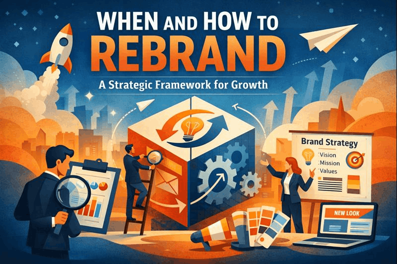 Illustration showing business professionals developing a rebranding strategy with charts, design tools, and messaging boards under the title “When and How to Rebrand: A Strategic Framework for Growth.”