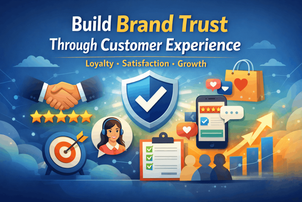 Illustration showing a handshake, five-star rating, shield with checkmark, customer service agent, and smartphone reviews under the headline “Build Brand Trust Through Customer Experience,” symbolizing loyalty, satisfaction, and growth.