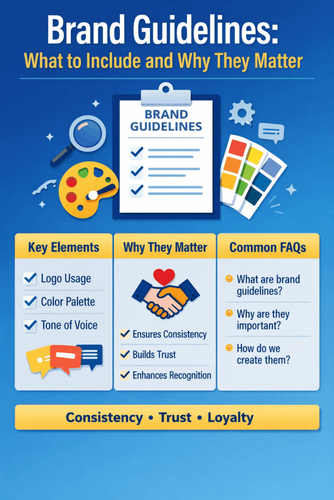 Infographic showing brand guidelines with sections on logo usage, color palette, tone of voice, and why brand consistency builds trust and recognition.