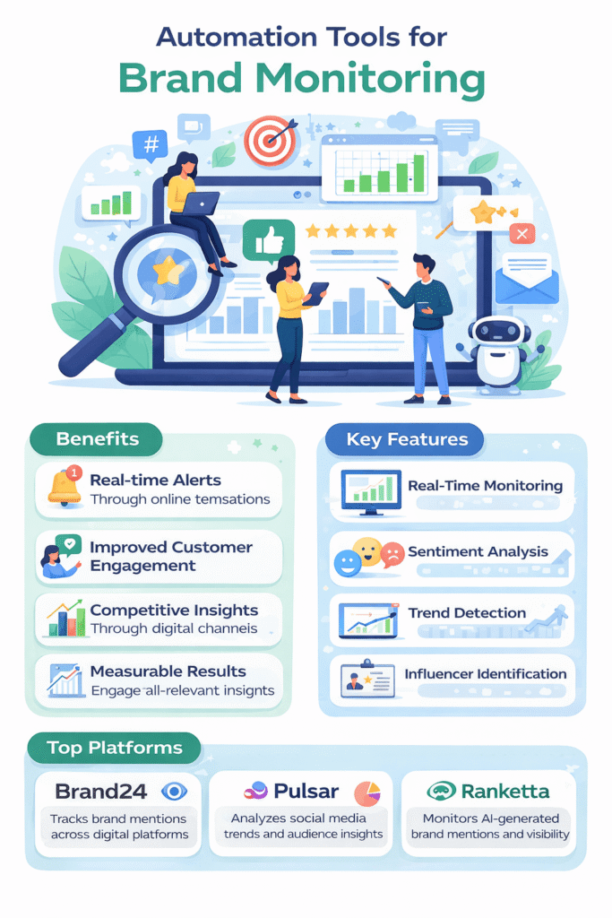 Infographic titled “Automation Tools for Brand Monitoring” showing benefits, key features, and top platforms. Includes illustrations of people using laptops and tablets, graphs, charts, icons, and a robot, highlighting Brand24, Pulsar, and Ranketta.