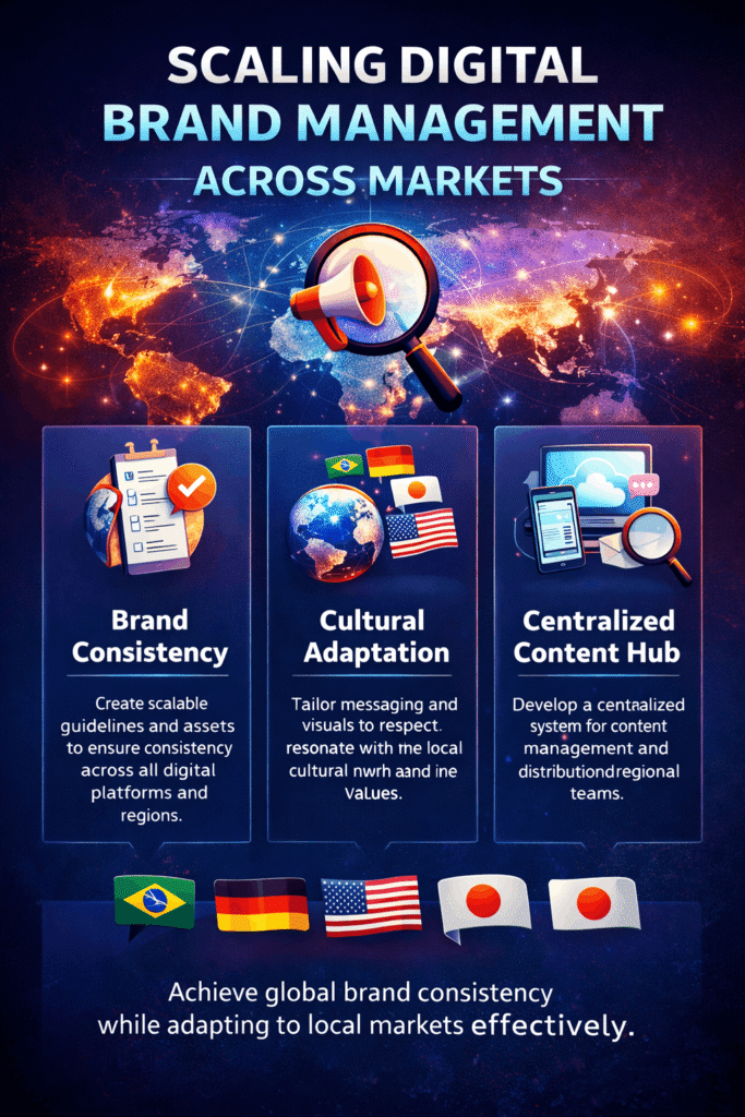 Digital illustration of global brand management, showing a glowing Earth connected to multiple markets with icons of laptops, smartphones, social media, shopping carts, and flags of Brazil, Germany, USA, and Japan, representing scalable digital brand strategies across markets."