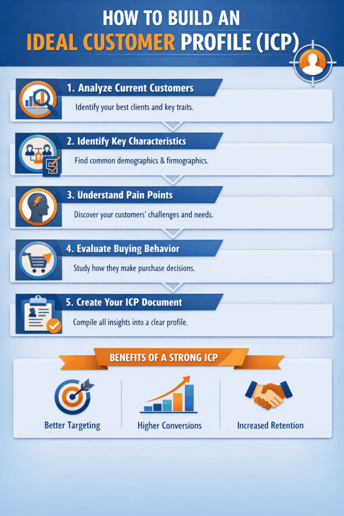 Ideal Customer Profile (ICP) infographic showing steps to analyze customers, identify traits, understand pain points, evaluate buying behavior, and create an ICP document