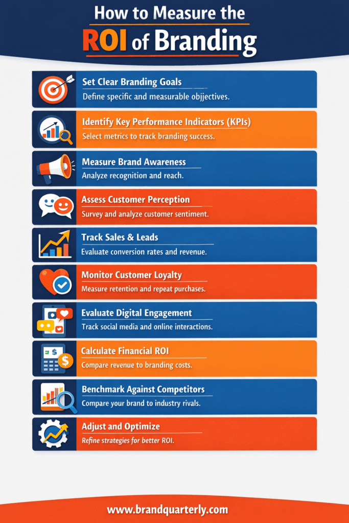 Infographic showing 10 steps to measure the ROI of branding, including setting branding goals, identifying KPIs, measuring brand awareness, assessing customer perception, tracking sales and leads, monitoring customer loyalty, evaluating digital engagement, calculating financial ROI, benchmarking against competitors, and adjusting strategies, with icons and a blue-orange modern design