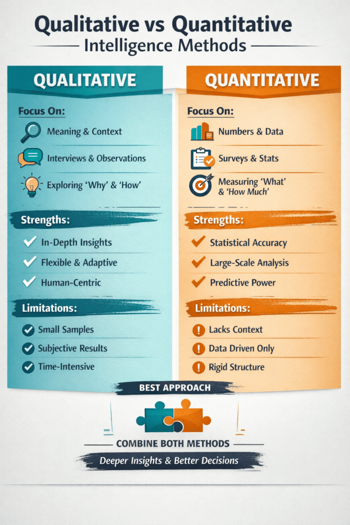 Infographic comparing qualitative vs quantitative intelligence methods, showing differences in focus, strengths, and limitations, and highlighting the benefit of combining both approaches for better decision-making.