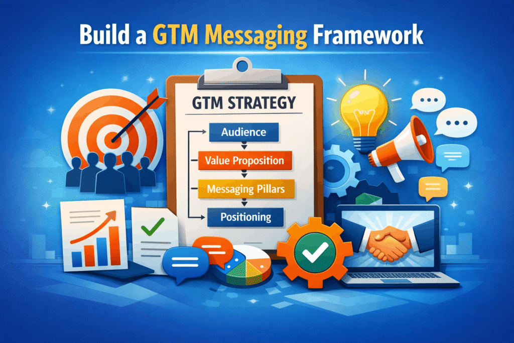 "Illustration of a GTM messaging framework showing key components: Audience, Value Proposition, Messaging Pillars, and Positioning, with icons representing marketing, analytics, and communication.