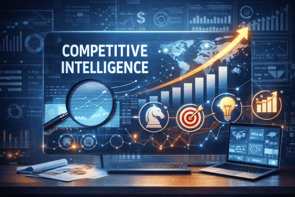 Illustration of competitive intelligence with magnifying glass, analytics charts, and business strategy symbols.