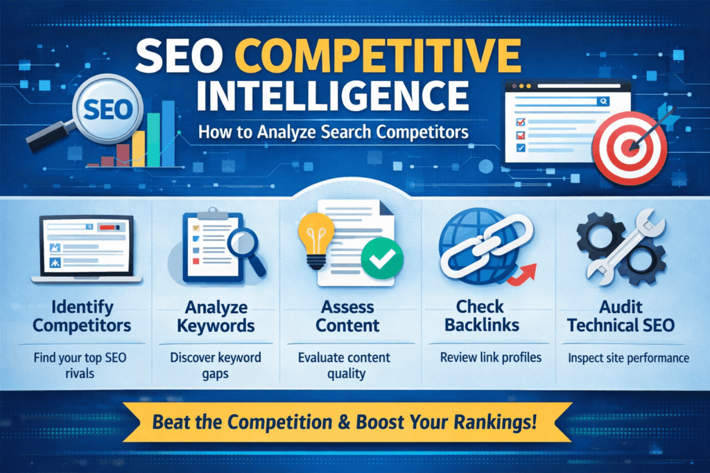 SEO Competitive Intelligence infographic showing steps to analyze search competitors: identify competitors, analyze keywords, assess content, check backlinks, and audit technical SEO to boost rankings.