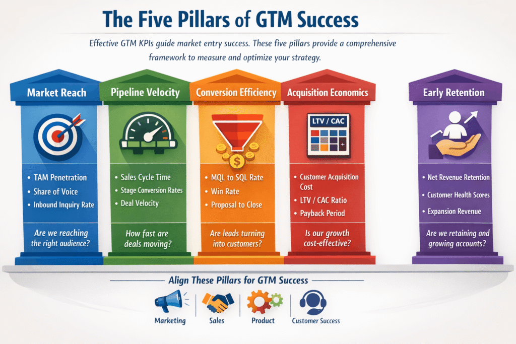 The Five Pillars of GTM Success” showing five colored columns representing key go-to-market KPI categories: Market Reach, Pipeline Velocity, Conversion Efficiency, Acquisition Economics, and Early Retention. Each pillar includes example metrics—such as TAM penetration, sales cycle time, MQL to SQL rate, LTV to CAC ratio, and net revenue retention—along with a guiding question (e.g., “Are we reaching the right audience?”). At the bottom, icons represent alignment across Marketing, Sales, Product, and Customer Success, emphasizing coordinated execution for successful market entry.