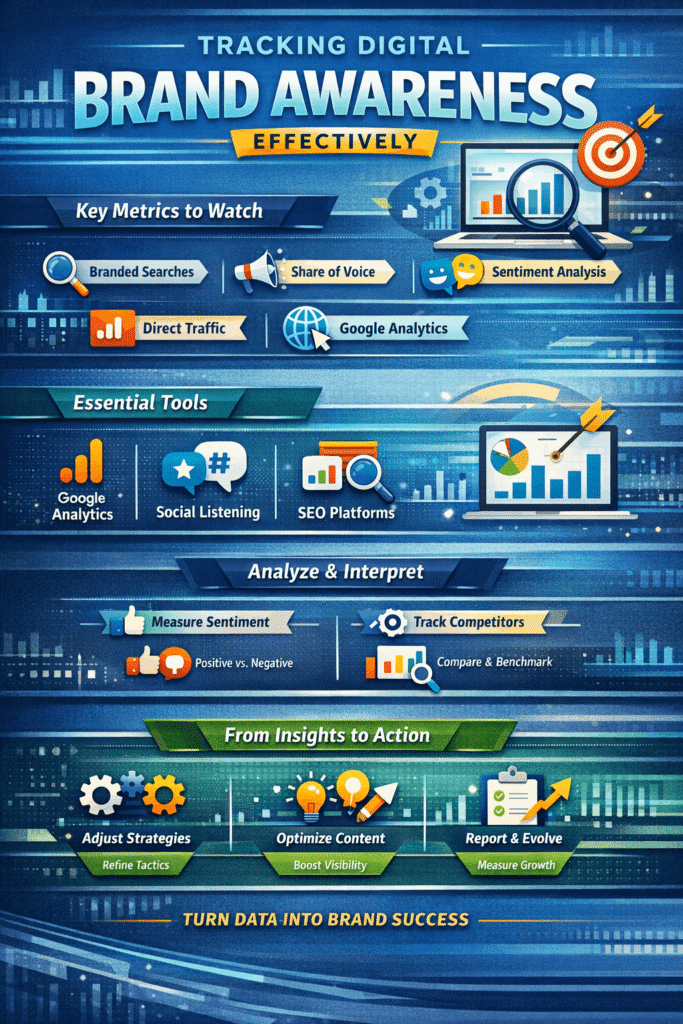 Tracking Digital Brand Awareness Effectively” with a blue digital-themed background. It highlights key metrics like branded searches, share of voice, sentiment analysis, and direct traffic; essential tools such as Google Analytics, social listening, and SEO platforms; and steps to analyze data, track competitors, and turn insights into action through strategy optimization, content improvement, and performance reporting.