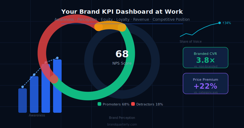 Brand KPI dashboard example displaying an NPS score of 68, 3.8× branded conversion rate, 22% price premium, rising awareness trend, and 34% share of voice growth.