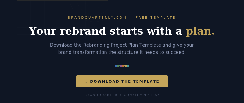 Call-to-action image reading 'Your rebrand starts with a plan' with six phase dots and a download prompt for the Rebranding Project Plan Template at BrandQuarterly.com