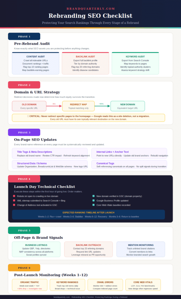 Rebranding SEO checklist infographic showing 6 phases: pre-rebrand audit, domain and URL strategy, on-page SEO updates, launch day technical checklist, off-page brand signals, and post-launch monitoring — by brandquarterly.com