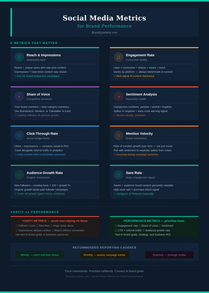 Infographic showing 8 social media metrics for brand performance including reach, engagement rate, share of voice, sentiment analysis, click-through rate, mention velocity, audience growth rate, and save rate — with definitions and tips for each.