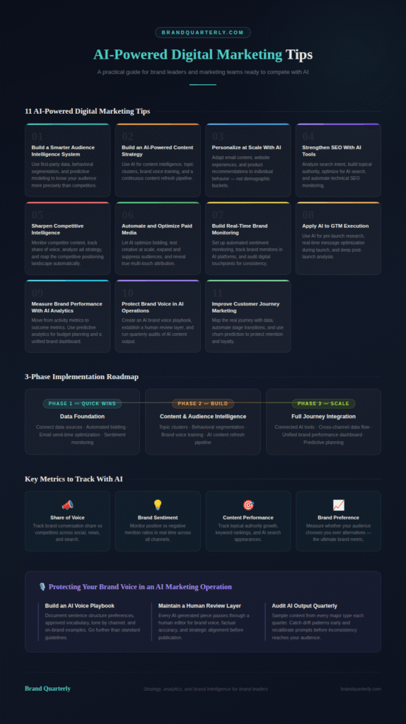 Infographic showing 11 AI-powered digital marketing tips for brand leaders — covering audience intelligence, content strategy, personalization, SEO, competitive intelligence, paid media, brand monitoring, GTM execution, analytics, brand voice protection, and customer journey marketing — with a 3-phase implementation roadmap and key metrics to track. Published by BrandQuarterly.com