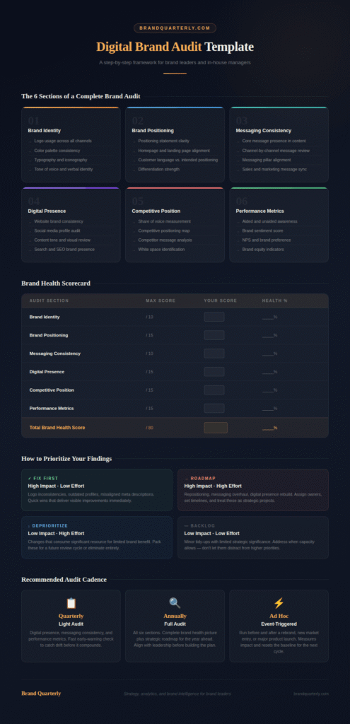 Digital brand audit template infographic showing six audit sections — brand identity, positioning, messaging consistency, digital presence, competitive position, and performance metrics — with a brand health scorecard, priority matrix, and recommended audit cadence. Published by BrandQuarterly.com.